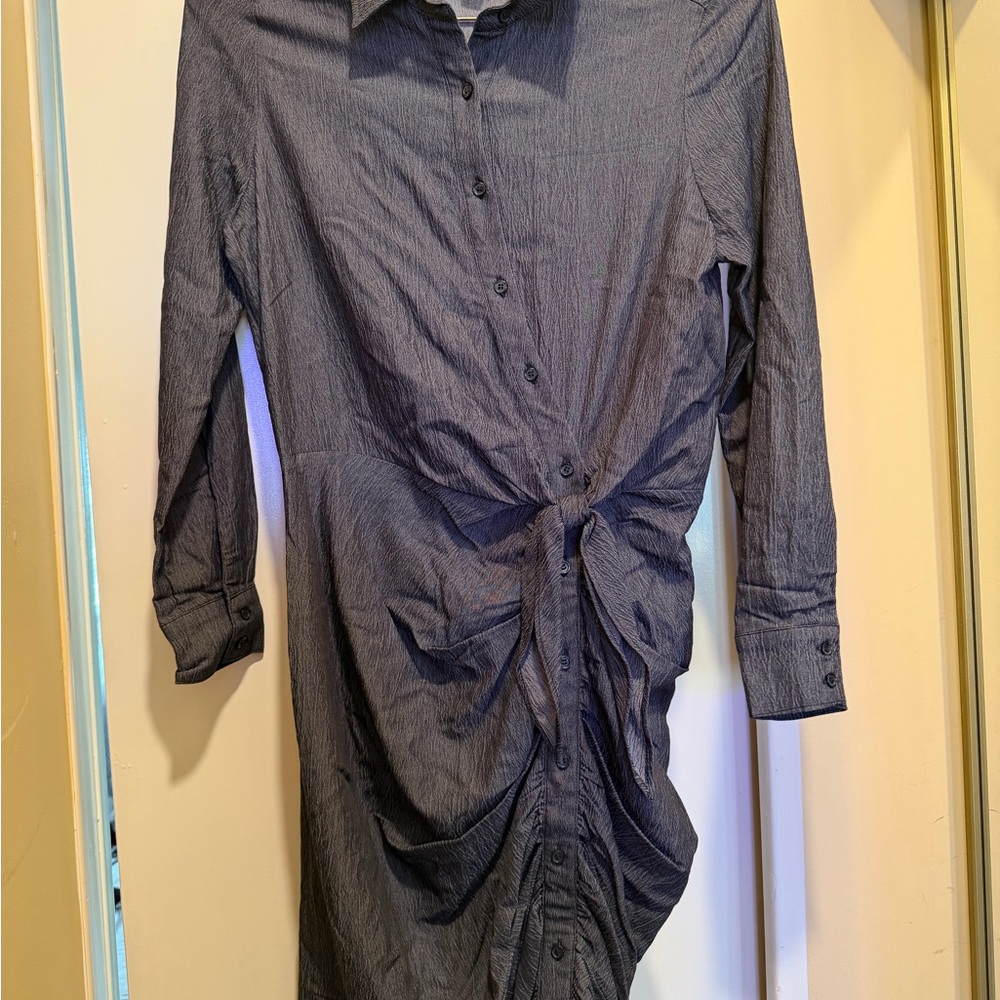Women's Button-Down Shirt Dress with Front Tie in Charcoal Gray